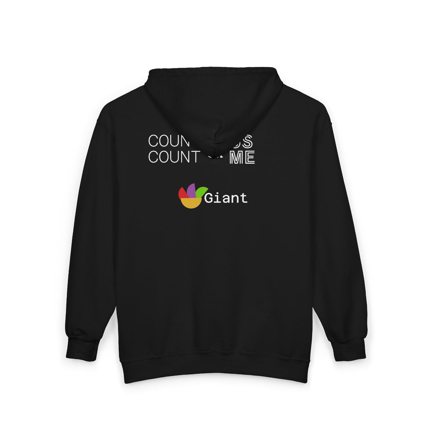 Giant Logo Zip Hoodie – "Count on Us, Count on Me" Full-Zip Sweatshirt